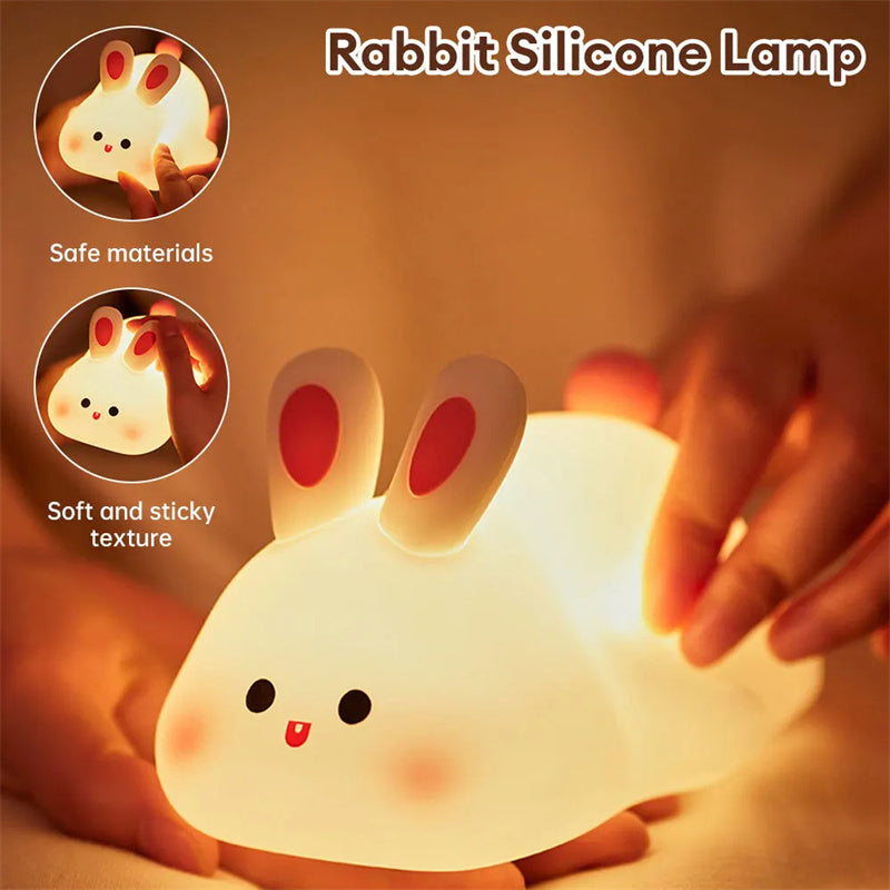 Linda luz de noche LED con sensor táctil, lámpara de noche de silicona con diseño de conejo de cara grande, regalo de Navidad, lámpara de mesita de noche, decoración del hogar